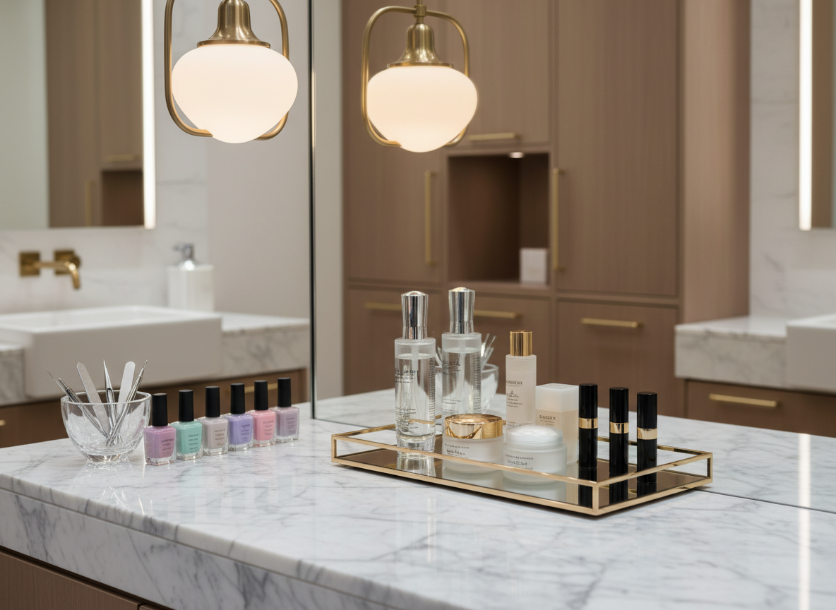 A polished marble vanity counter inside a chic beauty boutique, its cool gray veining contrasting with neatly arranged skincare and makeup products. Elegant glass bottles of serums, frosted jars of creams, and sleek black-and-gold lipstick tubes form an orderly display atop a rectangular mirrored tray. To one side, a small crystal bowl holds perfectly shaped manicure tools beside neatly lined pastel polish bottles. Overhead, diffused pendant lighting casts a soft, flattering glow, creating shimmering reflections on the marble and glass. Shot from a slightly elevated angle in photographic realism, the composition emphasizes clean lines and luxurious textures, with a shallow depth of field that keeps the products crisp while the background sink and cabinets fall into a tasteful blur, conveying a refined, high-end atmosphere.