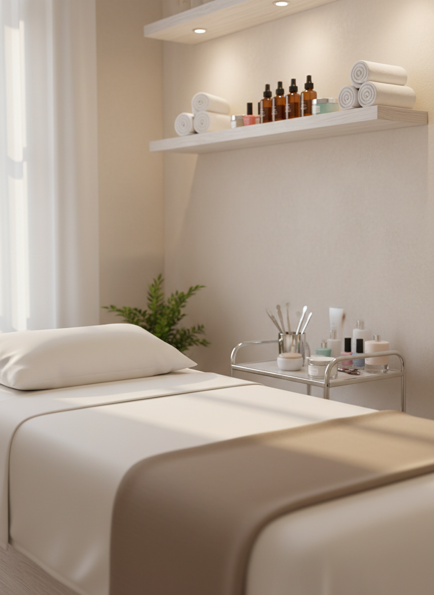 A serene beauty treatment corner in a boutique spa room, featuring a plush white massage table draped with crisp, high-thread-count linens and a neatly folded taupe blanket at the foot. A small side trolley holds neatly arranged manicure tools, pastel nail polishes, and glass jars of creams. On the wall shelf above, amber bottles of facial oils and rolled cotton towels are aligned with precise symmetry. Soft, warm studio lighting mixed with a hint of natural light from an unseen window creates a tranquil glow and delicate shadows. Photographic realism, captured from a three-quarter angle with a shallow depth of field to keep the massage table in focus while the background softly blurs, evoking a sophisticated, spa-like calm ideal for showcasing beauty services.