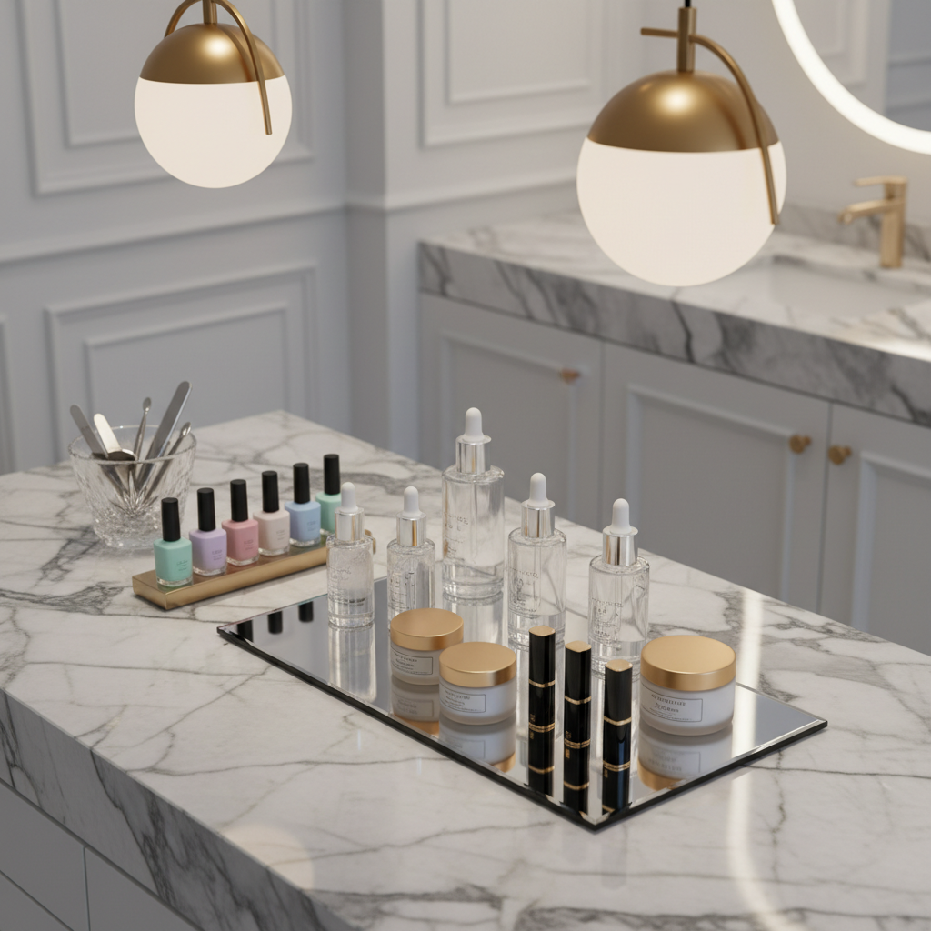 A polished marble vanity counter inside a chic beauty boutique, its cool gray veining contrasting with neatly arranged skincare and makeup products. Elegant glass bottles of serums, frosted jars of creams, and sleek black-and-gold lipstick tubes form an orderly display atop a rectangular mirrored tray. To one side, a small crystal bowl holds perfectly shaped manicure tools beside neatly lined pastel polish bottles. Overhead, diffused pendant lighting casts a soft, flattering glow, creating shimmering reflections on the marble and glass. Shot from a slightly elevated angle in photographic realism, the composition emphasizes clean lines and luxurious textures, with a shallow depth of field that keeps the products crisp while the background sink and cabinets fall into a tasteful blur, conveying a refined, high-end atmosphere.