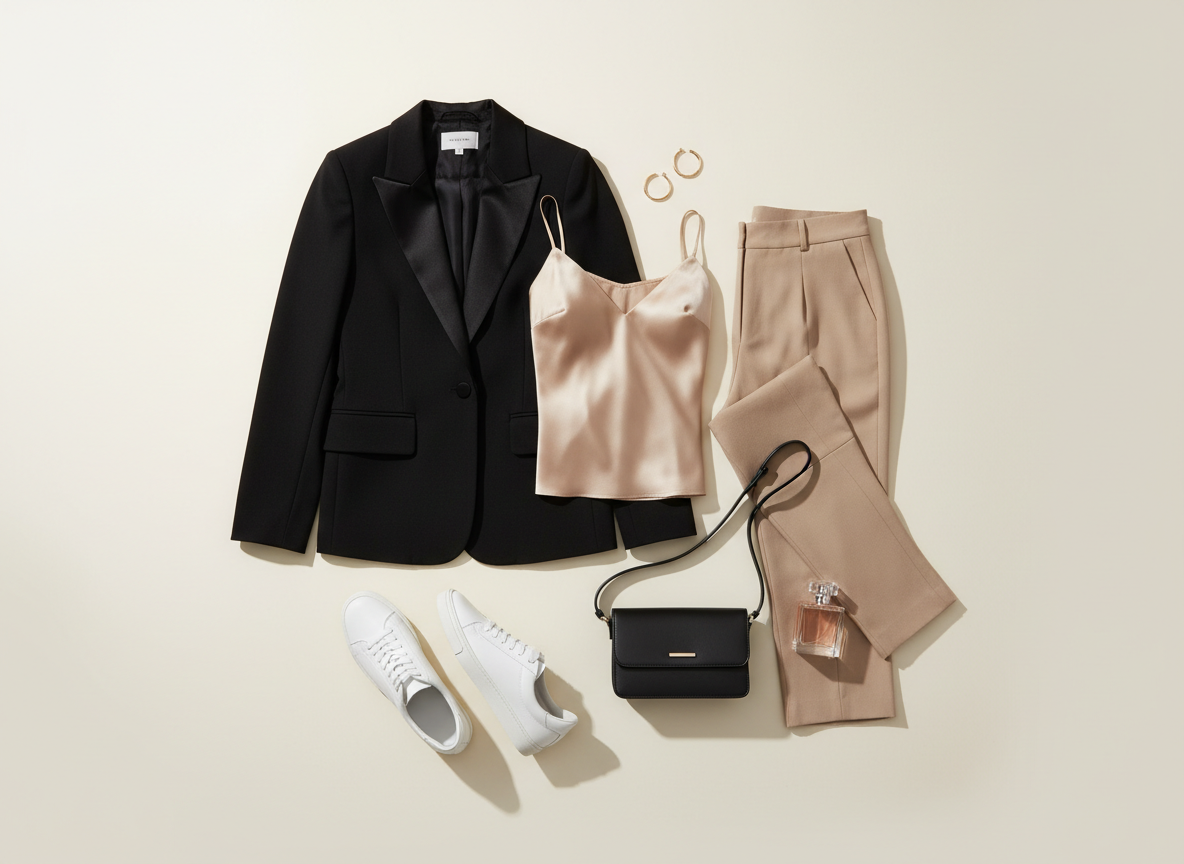 A meticulously arranged flat lay of sophisticated women’s fashion pieces on a matte ivory background. A structured black blazer with satin lapels, a silky champagne camisole, tailored high-waisted trousers, and sleek white sneakers are folded with precise, elegant lines. Beside them, a minimalist black leather handbag and a pair of delicate gold hoop earrings rest near a crystal perfume bottle. Soft, diffused studio lighting from above creates gentle shadows and subtle highlights on the fabrics’ textures. The composition follows the rule of thirds, with negative space around the items for a clean, editorial look. Photographic realism, sharp focus on every detail, conveying a refined, elevated boutique aesthetic suitable for a fashion-forward homepage hero image.