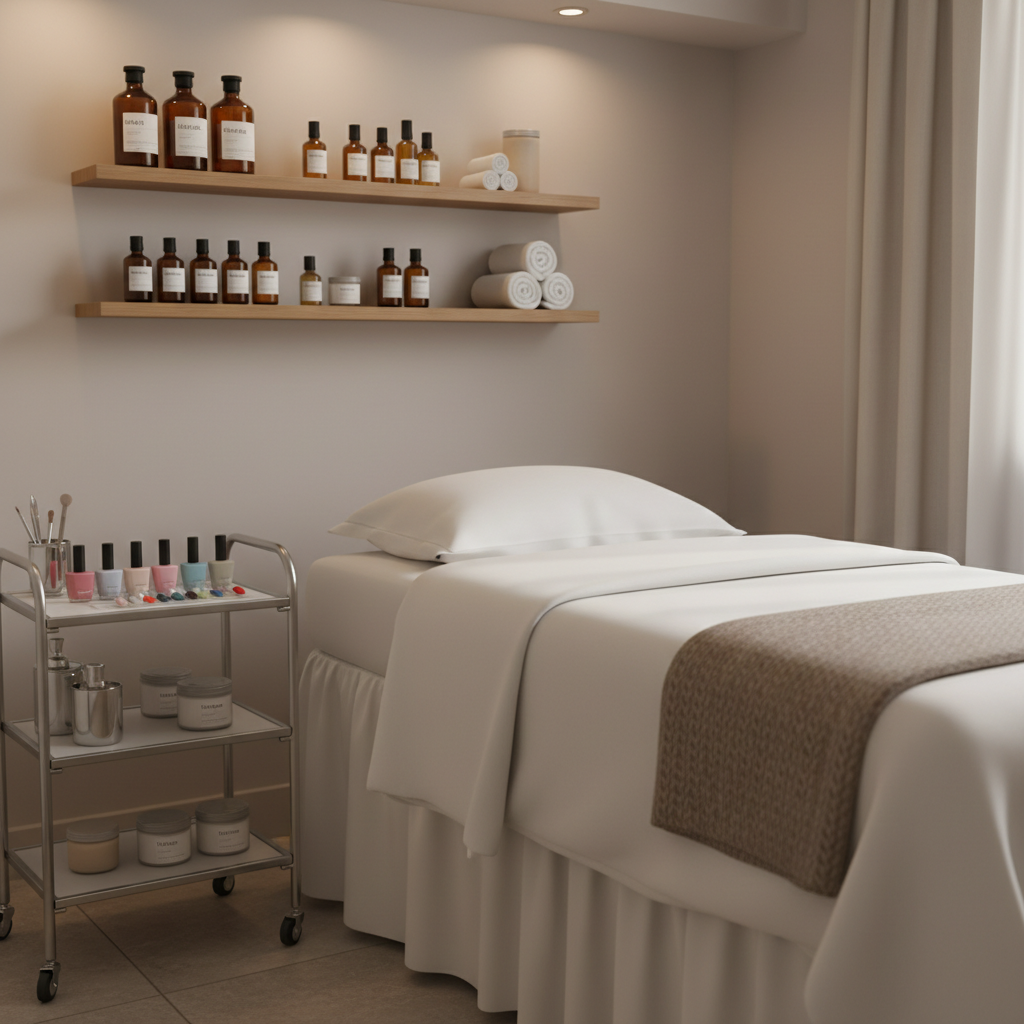 A serene beauty treatment corner in a boutique spa room, featuring a plush white massage table draped with crisp, high-thread-count linens and a neatly folded taupe blanket at the foot. A small side trolley holds neatly arranged manicure tools, pastel nail polishes, and glass jars of creams. On the wall shelf above, amber bottles of facial oils and rolled cotton towels are aligned with precise symmetry. Soft, warm studio lighting mixed with a hint of natural light from an unseen window creates a tranquil glow and delicate shadows. Photographic realism, captured from a three-quarter angle with a shallow depth of field to keep the massage table in focus while the background softly blurs, evoking a sophisticated, spa-like calm ideal for showcasing beauty services.