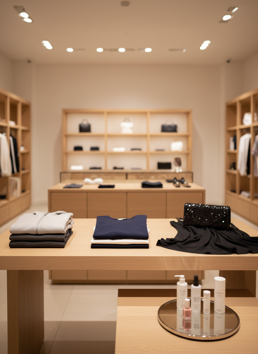 A luxurious boutique display table crafted from pale oak with a satin finish, centered in a serene, modern retail space. On its surface, curated outfits for work, gym, and evening wear are neatly stacked: smooth technical leggings, a soft heather-gray hoodie, a tailored navy sheath dress, and a sequined clutch. In one corner, an arrangement of high-end skincare bottles, nail polish, and facial serums sits on a mirrored tray. Warm, diffused ceiling lighting and subtle spotlights create a calm, inviting glow with soft reflections on glass and metal. Shot at eye level with a slightly wide angle, the background shelves blur gently, emphasizing the table as the focal point. Photographic realism with a sophisticated, minimalist atmosphere that expresses versatility and elegance.