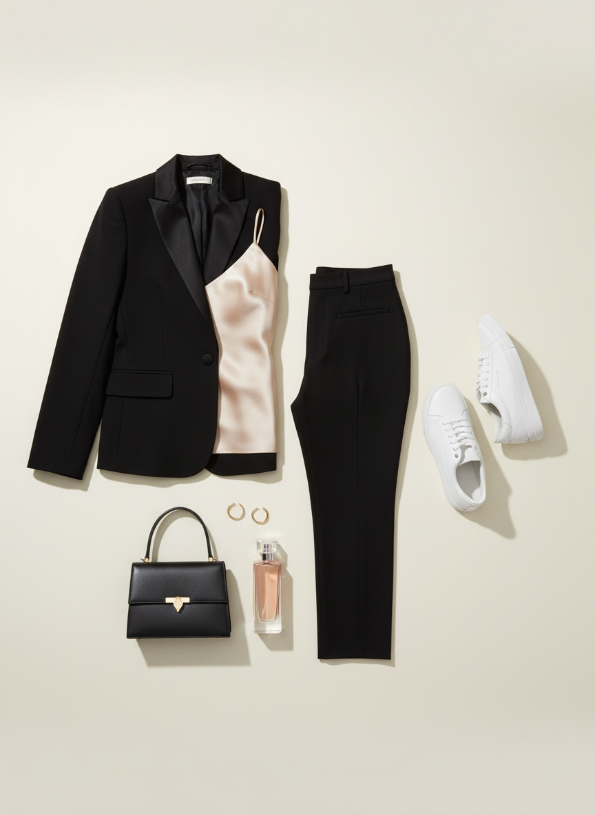 A meticulously arranged flat lay of sophisticated women’s fashion pieces on a matte ivory background. A structured black blazer with satin lapels, a silky champagne camisole, tailored high-waisted trousers, and sleek white sneakers are folded with precise, elegant lines. Beside them, a minimalist black leather handbag and a pair of delicate gold hoop earrings rest near a crystal perfume bottle. Soft, diffused studio lighting from above creates gentle shadows and subtle highlights on the fabrics’ textures. The composition follows the rule of thirds, with negative space around the items for a clean, editorial look. Photographic realism, sharp focus on every detail, conveying a refined, elevated boutique aesthetic suitable for a fashion-forward homepage hero image.