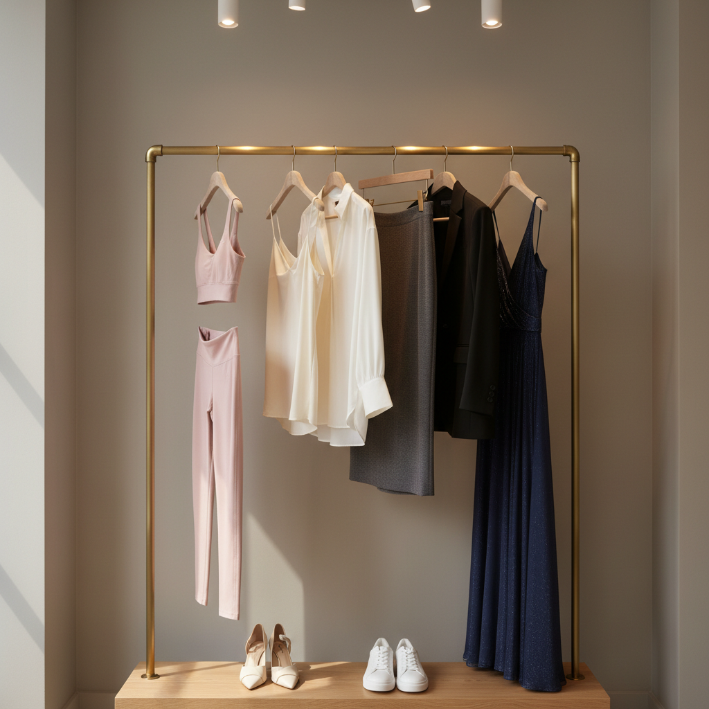 An elegant clothing rack made of brushed brass stands against a smooth, warm-gray wall in a minimalist boutique interior. Hanging from matching velvet-coated hangers, a curated gradient of garments transitions from soft blush activewear sets to tailored ivory blouses, charcoal pencil skirts, and a dramatic midnight-blue evening gown with subtle shimmer. Beneath the rack, a low oak bench displays a pair of sculptural heels and pristine white trainers. Natural afternoon light filters in from an unseen window, complemented by hidden track lighting above the rack, creating gentle highlights along the fabric folds and metallic bar. Photographic realism, shot at eye level with the rack slightly off-center following the rule of thirds, achieving a calm, sophisticated, editorial mood that showcases the boutique’s range from gym to event wear.