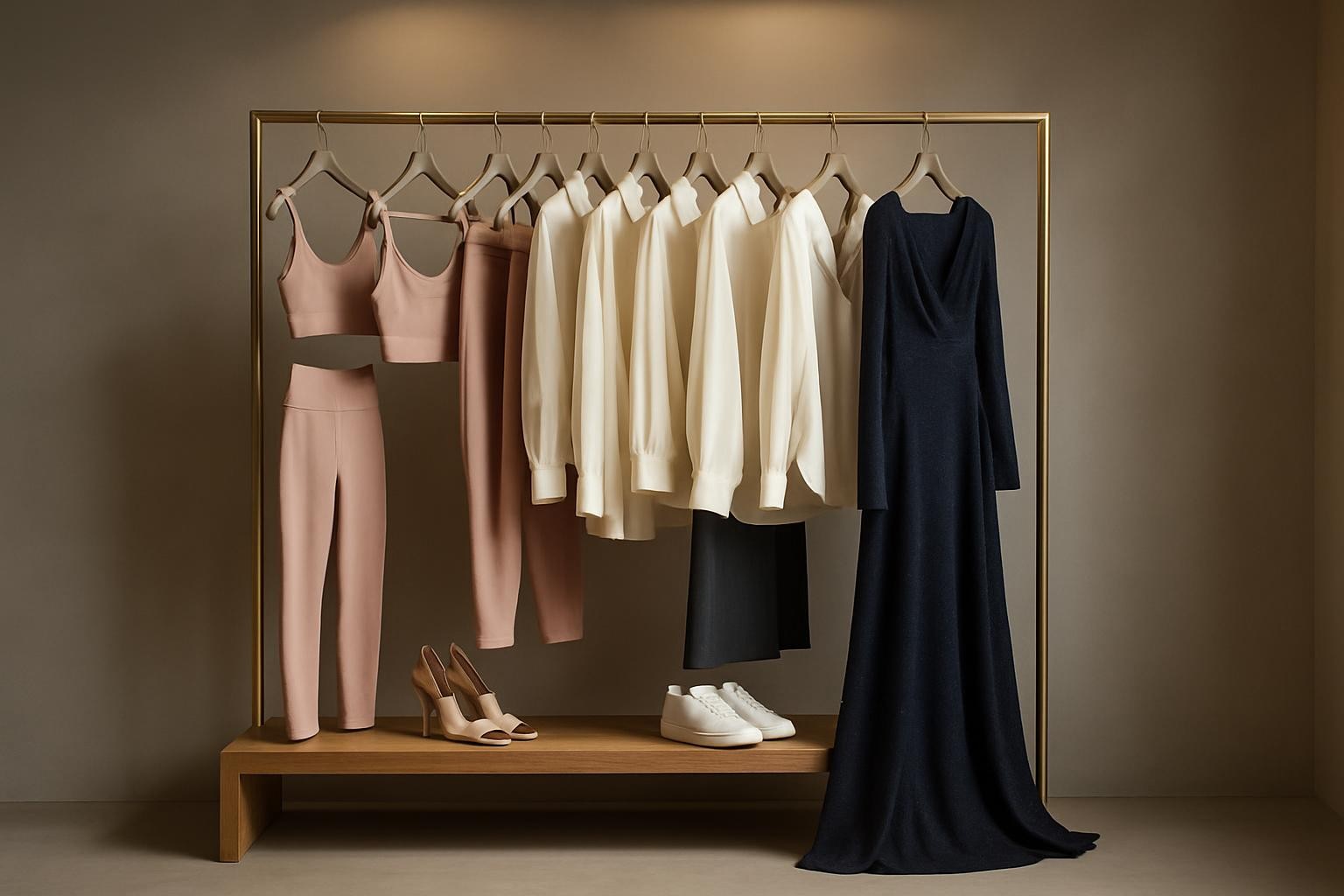 An elegant clothing rack made of brushed brass stands against a smooth, warm-gray wall in a minimalist boutique interior. Hanging from matching velvet-coated hangers, a curated gradient of garments transitions from soft blush activewear sets to tailored ivory blouses, charcoal pencil skirts, and a dramatic midnight-blue evening gown with subtle shimmer. Beneath the rack, a low oak bench displays a pair of sculptural heels and pristine white trainers. Natural afternoon light filters in from an unseen window, complemented by hidden track lighting above the rack, creating gentle highlights along the fabric folds and metallic bar. Photographic realism, shot at eye level with the rack slightly off-center following the rule of thirds, achieving a calm, sophisticated, editorial mood that showcases the boutique’s range from gym to event wear.